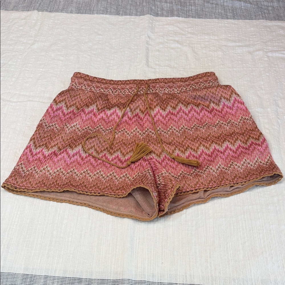 House of Harlow 1960 Pink & Brown Knit Chevron Shorts with Tassel Drawstring sml